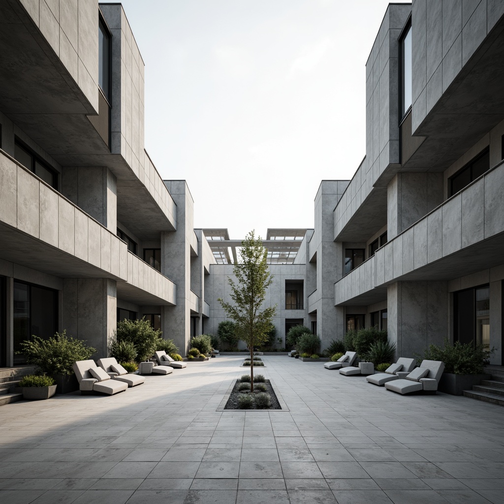 Prompt: Rationalist open courtyard, minimal ornamentation, industrial materials, functional simplicity, rectangular prisms, cantilevered roofs, horizontal windows, steel frames, concrete floors, monochromatic color scheme, natural light pouring, atmospheric perspective, shallow depth of field, 1/1 composition, symmetrical balance, geometric abstraction, brutalist textures, ambient occlusion.