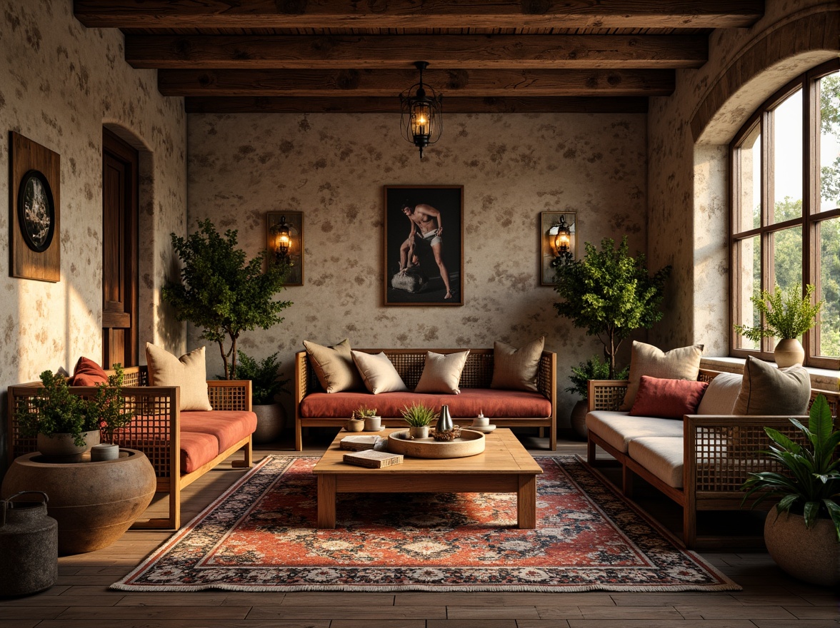 Prompt: Rustic wooden accents, distressed stone walls, vintage metal decorations, woven wicker furniture, plush velvet upholstery, intricate mosaic patterns, ornate ceramic tiles, rough-hewn brick textures, reclaimed wood floors, earthy color palette, warm golden lighting, shallow depth of field, 2/3 composition, atmospheric perspective, realistic renderings.