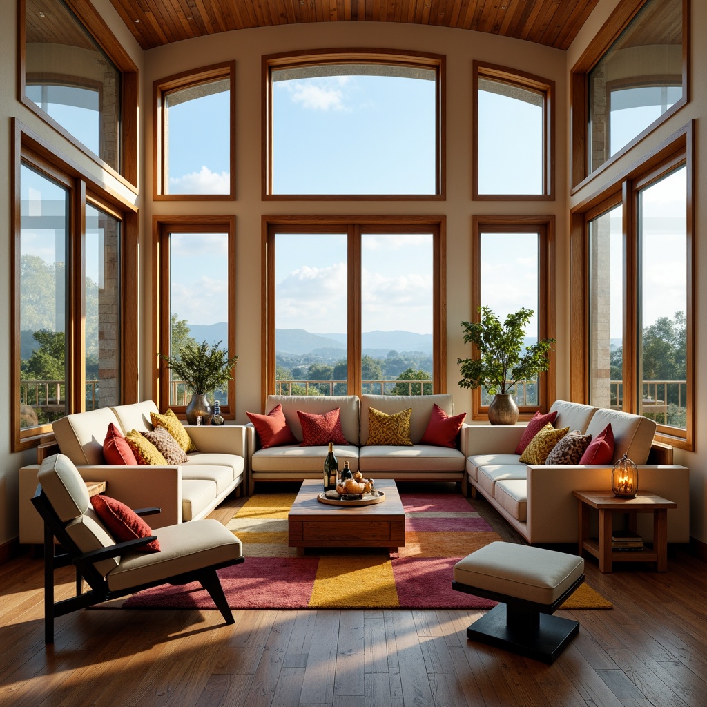 Prompt: Cozy living room, plush sofas, ergonomic chairs, wooden coffee table, vibrant throw pillows, soft rugs, floor lamps, large windows, natural light, panoramic view, unobstructed sightlines, conversation circle, intimate atmosphere, warm beige walls, rich wood tones, comfortable seating, adjustable headrests, reclining functions, footstools, soft cushions, relaxed ambiance, warm color scheme, low-key lighting, 1/1 composition, realistic textures, ambient occlusion.