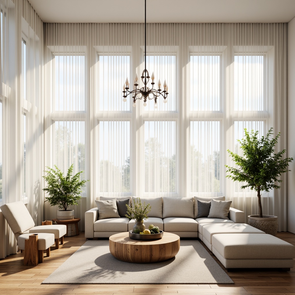 Prompt: Bright airy living room, floor-to-ceiling windows, sheer white curtains, natural oak wood flooring, minimalist decor, elegant chandelier, comfortable plush sofa, greenery-filled planters, subtle warm lighting, soft diffused shadows, 1/1 composition, realistic textures, ambient occlusion.