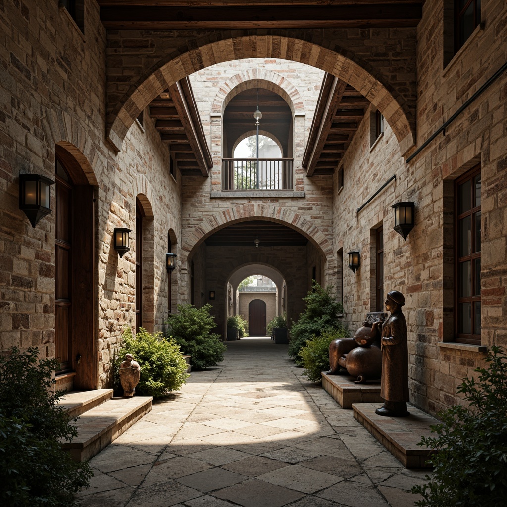 Prompt: Rustic monastery courtyard, weathered stone walls, worn wooden doors, industrial metal beams, distressed brick textures, faded frescoes, ornate Gothic arches, vintage machinery parts, reclaimed wood accents, aged copper pipes, moss-covered statues, dim warm lighting, soft focus blur, 1/2 composition, atmospheric mist, realistic surface imperfections.