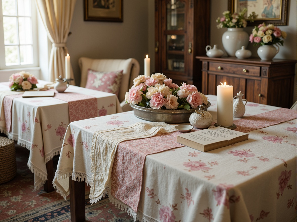 Prompt: Distressed vintage fabrics, soft pastel hues, floral patterns, lace trims, ruffled edges, velvet textures, linen upholstery, natural fiber blends, subtle sheen, faded elegance, romantic ambiance, warm candlelight, distressed wood accents, antique furniture pieces, ornate metalwork, delicate porcelain vases, fresh flower arrangements, gentle color palette, 1/1 composition, soft focus, warm lighting, realistic materials, ambient occlusion.