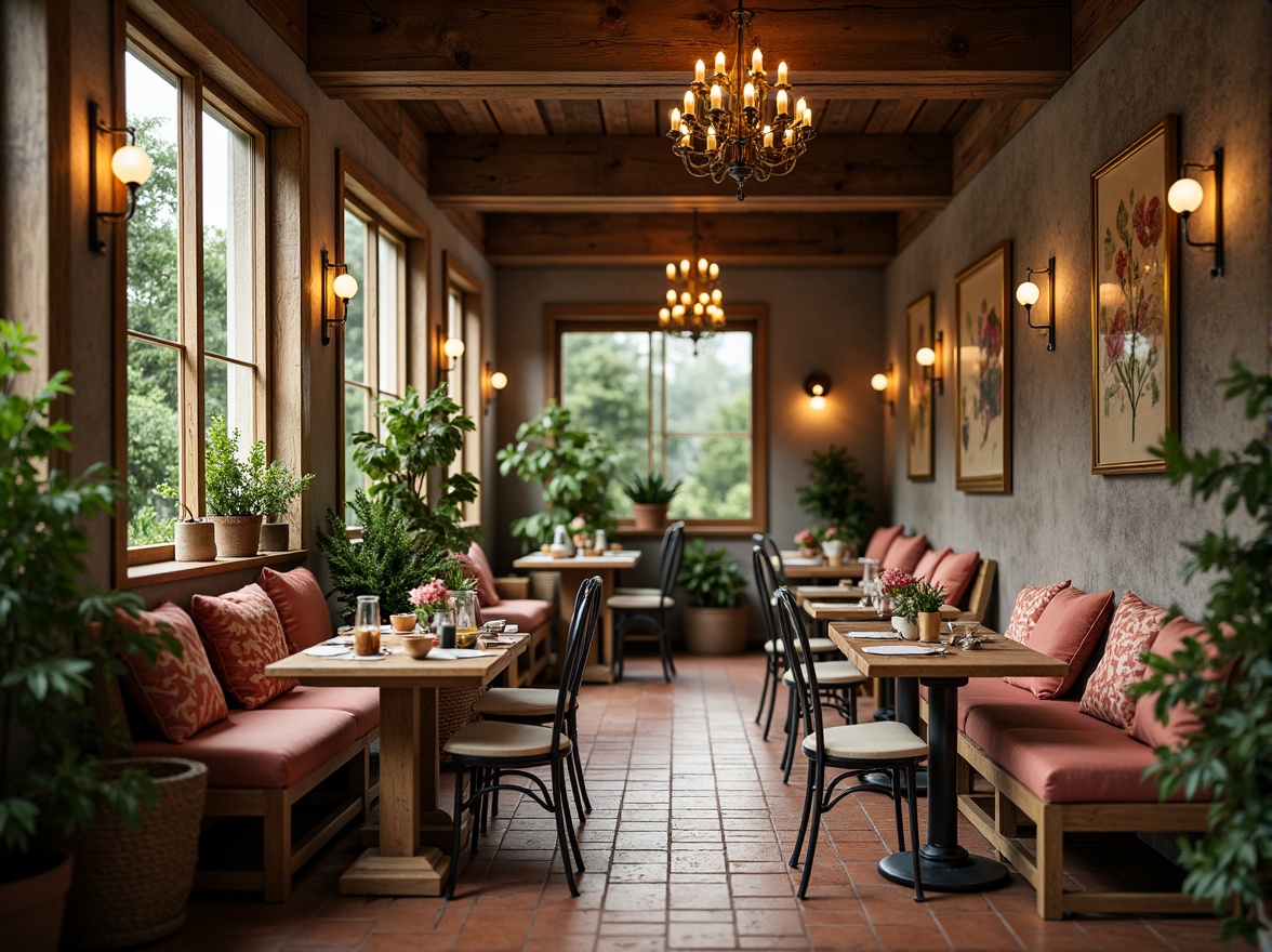 Prompt: Cozy breakfast nook, warm wooden accents, soft cushioned benches, vintage metal chairs, distressed wooden tables, elegant chandeliers, natural stone walls, rustic brick floors, earthy color palette, lush greenery, potted plants, woven baskets, delicate ceramic vases, floral patterns, soft warm lighting, shallow depth of field, 1/1 composition, intimate atmosphere, realistic textures.