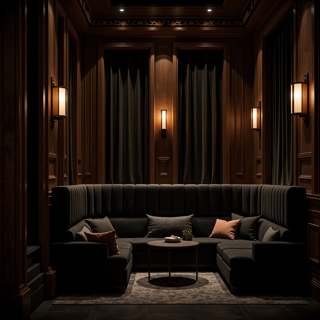 Prompt: Dark mysterious ambiance, luxurious dark leather upholstery, rich wood accents, dim warm lighting, intimate seating area, velvety soft fabrics, heavy drapery, ornate metal fixtures, sophisticated color palette, elegant curves, subtle textures, moody atmospheric effects, cinematic composition, shallow depth of field, 1/1 aspect ratio, dramatic shadows.