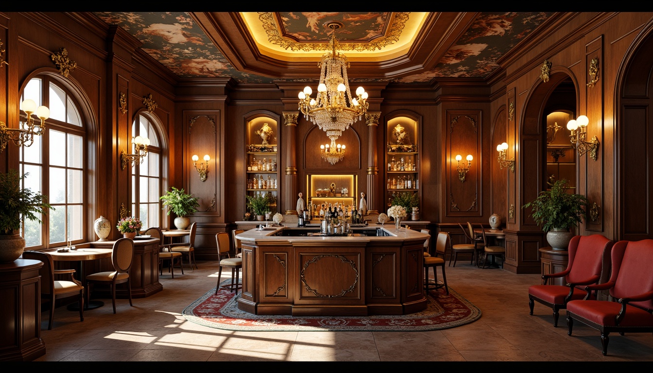 Prompt: Luxurious home bar, rich wood paneling, ornate carvings, gilded accents, crystal chandeliers, velvet drapes, Renaissance-inspired furniture, intricate stone flooring, warm golden lighting, lavish countertops, antique accessories, frescoed ceilings, grand archways, regal color scheme, soft focus blur, 1/2 composition, dramatic shadows, cinematic atmosphere.