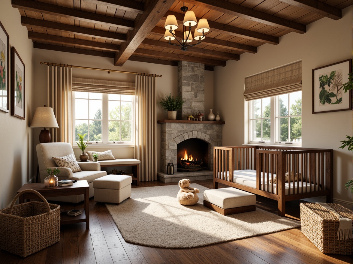 Prompt: Cozy craftsman-style nursery, warm wood tones, natural textiles, earthy color palette, vintage wooden cribs, plush area rugs, woven baskets, nature-inspired wall art, rustic wooden shelves, soft candlelight, warm beige curtains, botanical prints, distressed wood furniture, comfortable gliders, elegant chandeliers, subtle patterned fabrics, creamy whites, soothing greens, wooden ceiling beams, stone fireplace, natural fiber upholstery, inviting reading nook, warm ambient lighting, shallow depth of field, 1/1 composition, realistic textures.