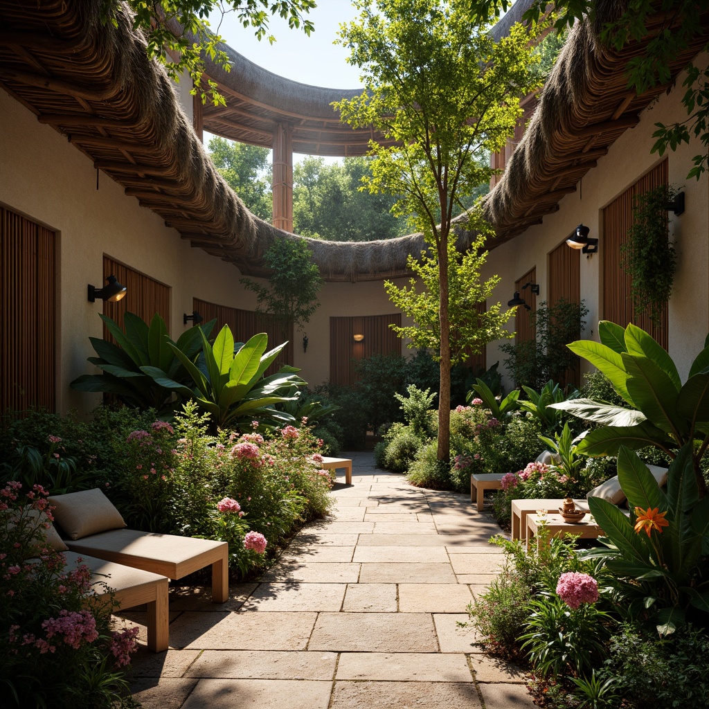 Prompt: Vibrant tropical plants, lush greenery, exotic flowers, natural stone seating, wooden accents, woven bamboo details, rustic thatched roofs, earthy tone structures, curved lines, organic forms, dramatic lighting, warm color palette, high contrast textures, rough stone walls, smooth wood floors, intricate tile patterns, atmospheric misting system, 1/1 composition, shallow depth of field, soft warm glow.