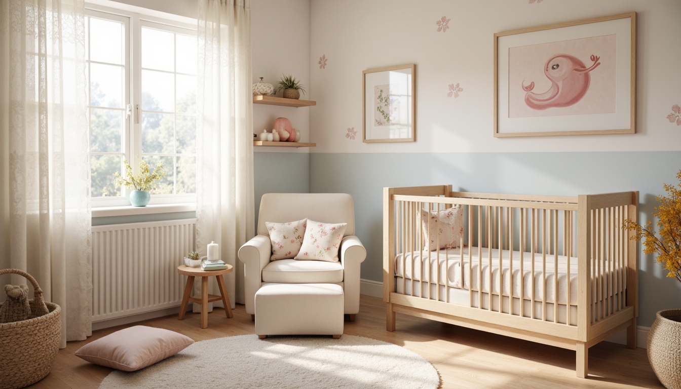 Prompt: Soft nursery ambiance, pastel hues, calming creamy whites, gentle peach tones, soothing light blues, warm beige accents, natural wood furniture, plush area rugs, delicate lace curtains, whimsical wall decals, tender floral patterns, subtle texture contrasts, cozy reading nook, warm task lighting, shallow depth of field, 1/1 composition, serene atmosphere, realistic fabric textures.