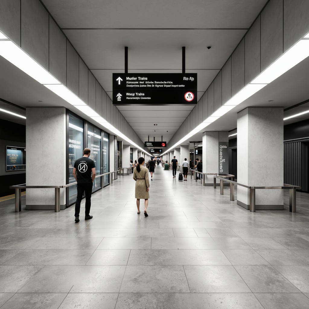 Prompt: Clean train station interior, minimalist aesthetic, sleek signage, wayfinding arrows, modern typography, subtle color scheme, polished concrete floors, stainless steel handrails, LED lighting, overhead displays, intuitive navigation system, clear visual communication, geometric shapes, simple forms, functional design elements, natural light, airy atmosphere, shallow depth of field, 1/1 composition, soft focus, realistic textures.