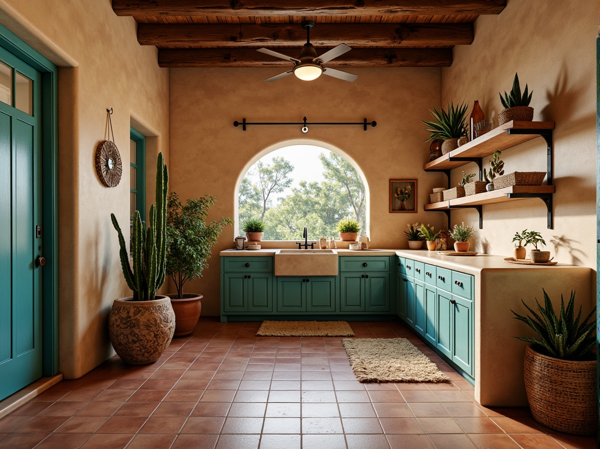 Prompt: Southwestern laundry room, terracotta tile flooring, earthy tone colors, textured stone walls, wooden cabinets, wrought iron fixtures, vibrant turquoise accents, potted cacti plants, natural fiber rugs, woven baskets, warm beige countertops, rustic metal decorations, soft ambient lighting, shallow depth of field, 3/4 composition, realistic textures, ambient occlusion.