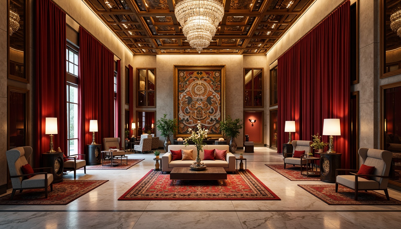 Prompt: Luxurious velvet fabrics, metallic accents, ornate mirrors, geometric patterns, marble floors, inlaid wood paneling, sleek chrome fixtures, lavish crystal chandeliers, richly patterned rugs, opulent drapery, bold color schemes, stylized typography, elegant curves, angular lines, glamorous metallic leafing, sophisticated mosaics, refined stucco walls, sumptuous upholstery, dramatic ceiling treatments, warm golden lighting, shallow depth of field, 1/2 composition, symmetrical framing.