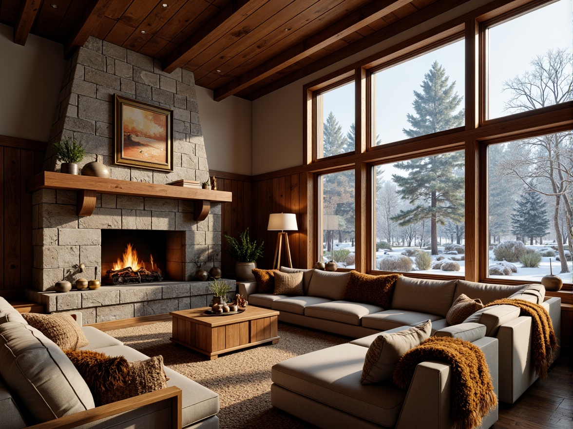 Prompt: Warm inviting great room, crackling fireplace, rustic wooden mantel, plush sectional sofa, soft velvety throw blankets, warm golden lighting, rich wood paneling, stone walls, high ceilings, large windows, snow-covered trees, winter wonderland, cozy ambiance, 3/4 composition, shallow depth of field, realistic textures, ambient occlusion.