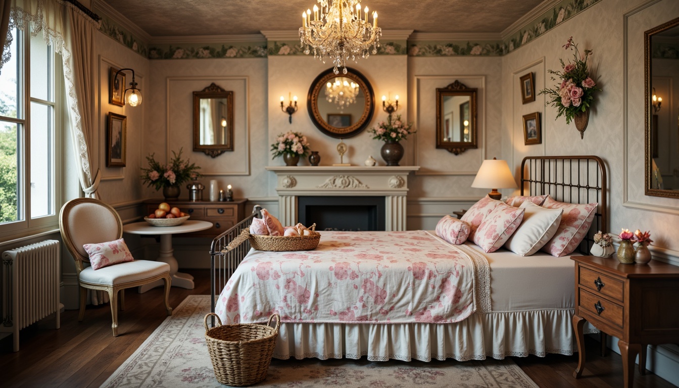 Prompt: Distressed finishes, vintage decor, floral patterns, soft pastel colors, lace trimmings, ruffled fabrics, antique furniture, ornate mirrors, crystal chandeliers, natural wood accents, woven baskets, decorative vases, artificial flowers, candlelight, warm ambient glow, shallow depth of field, 1/1 composition, romantic atmosphere.