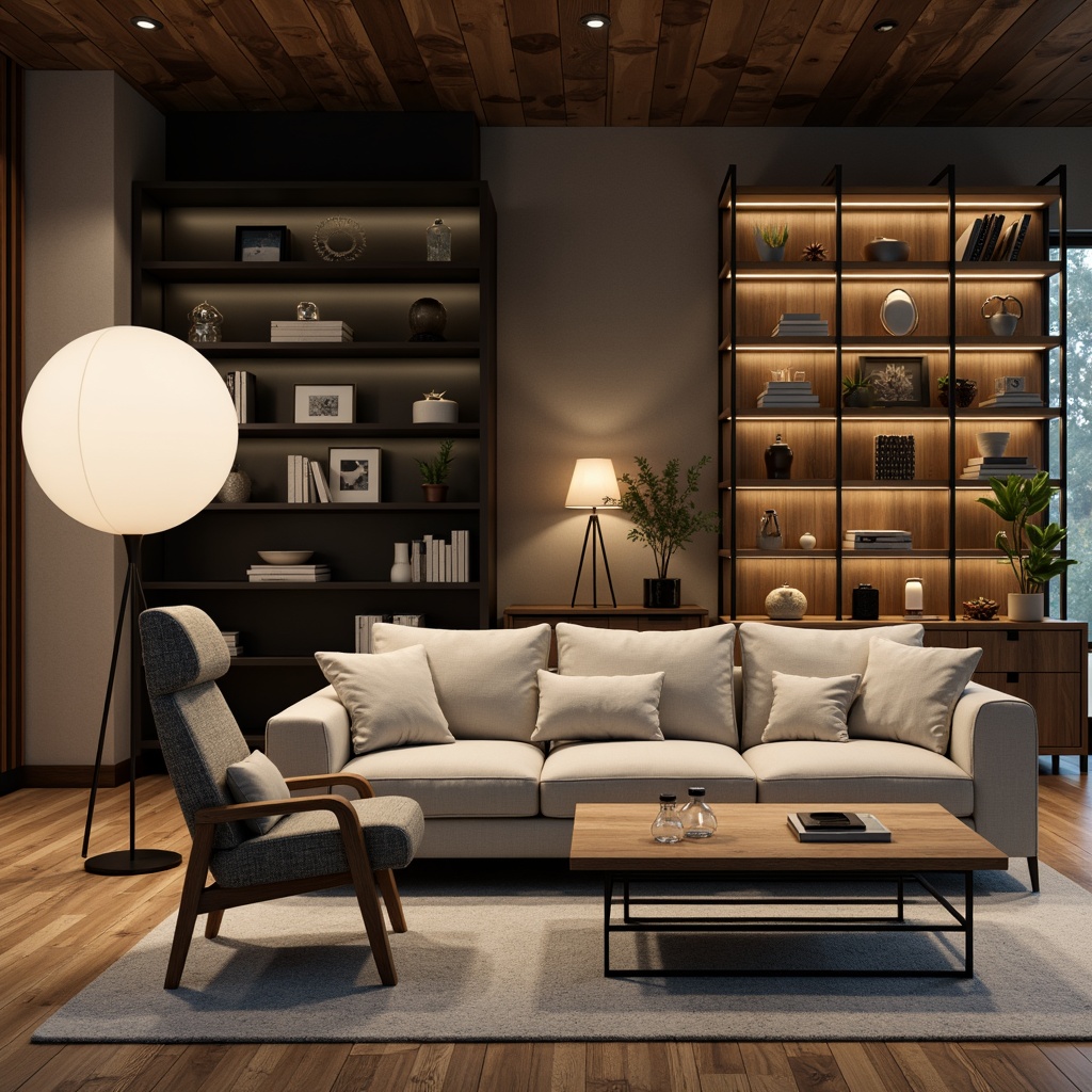 Prompt: Modern living room, sleek sofas, minimalist coffee tables, functional shelving units, ergonomic chairs, ambient floor lamps, soft warm lighting, natural wood textures, industrial metal accents, geometric patterns, 3/4 composition, shallow depth of field, realistic reflections, cozy atmosphere, comfortable seating areas, optimized storage solutions, multi-functional decor.