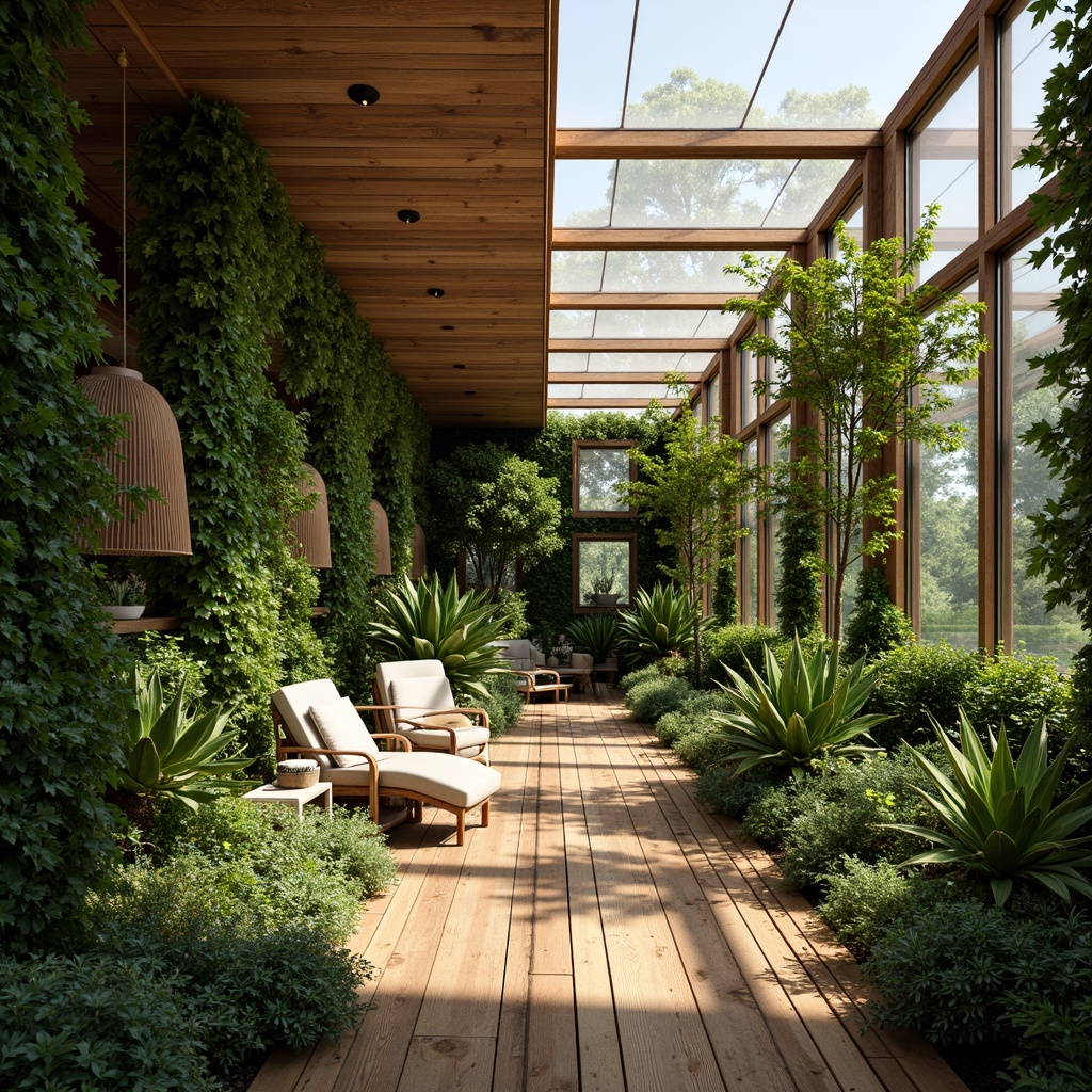 Prompt: Lush greenery, natural light, airy atmosphere, wooden accents, botanical elements, tropical plants, vines, rattan furniture, earthy tones, reclaimed wood, living walls, floor-to-ceiling windows, skylights, soft warm lighting, shallow depth of field, 1/1 composition, panoramic view, realistic textures, ambient occlusion, organic shapes, curved lines, minimal decor, rustic charm.