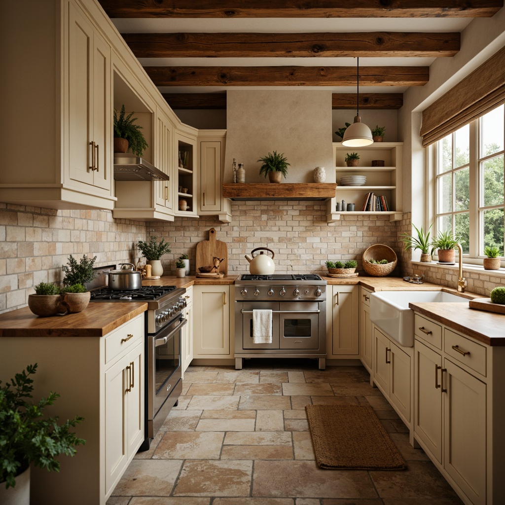 Prompt: Warm beige cabinets, earthy brown wooden countertops, soft creamy whites, muted sage greens, distressed wood accents, vintage metal hardware, rustic brick backsplashes, natural stone flooring, cozy pendant lighting, warm golden lighting, shallow depth of field, 3/4 composition, panoramic view, realistic textures, ambient occlusion.