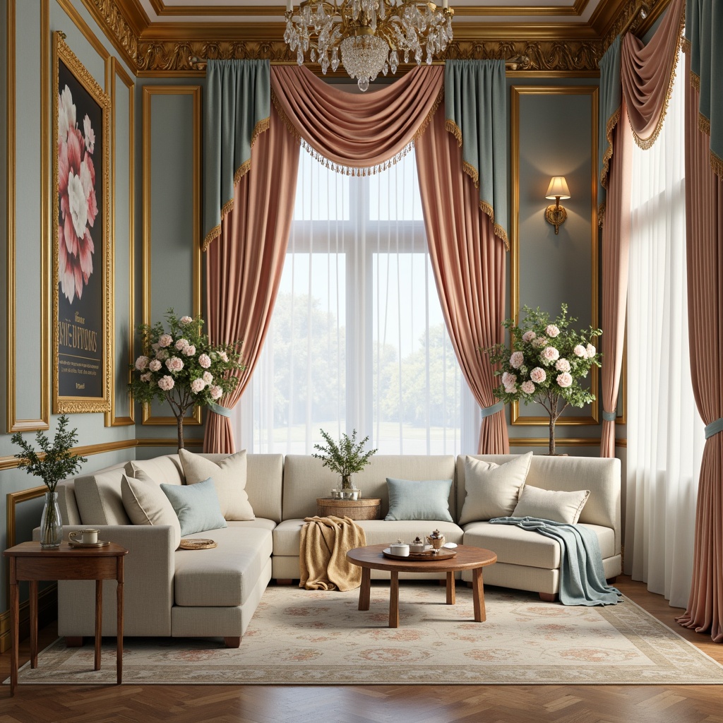 Prompt: Luxurious velvet drapes, soft pastel hues, ornate golden frames, delicate lace patterns, whimsical florals, pale blue accents, creamy whites, rich walnut wood tones, subtle sheen fabrics, intricate carvings, romantic candlelight, warm beige marble, lavish crystal chandeliers, gentle misty atmosphere, 1/2 composition, soft focus effect, elegant typography.