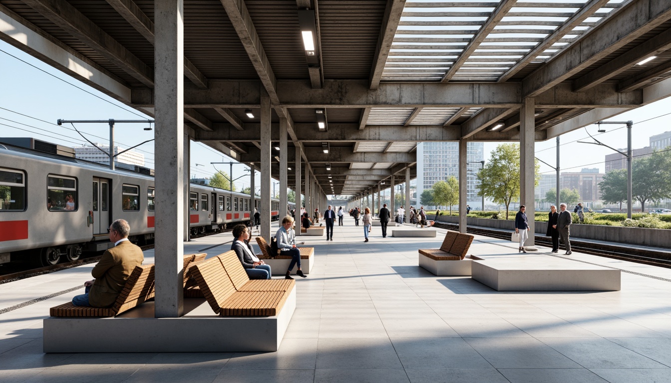 Prompt: Minimalist train station, sleek benches, modern seating areas, stainless steel frames, wooden slats, concrete floors, industrial lighting, geometric shapes, clean lines, sparse decor, urban atmosphere, busy commuters, natural light, large windows, metal columns, cantilevered roofs, functional design, simplicity emphasis, 1/1 composition, shallow depth of field, realistic textures.