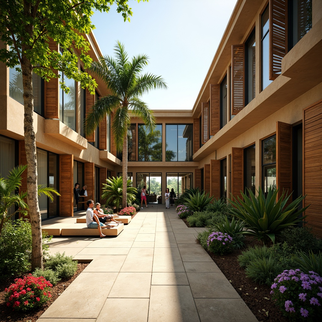 Prompt: Tropical student hall, natural ventilation, large windows, wooden shutters, outdoor corridors, lush greenery, vibrant flowers, palm trees, warm sunny day, soft diffused lighting, shallow depth of field, 3/4 composition, panoramic view, realistic textures, ambient occlusion, bamboo-inspired furniture, rattan accents, earthy color palette, natural materials, sustainable design, energy-efficient systems, solar panels, wind turbines, water conservation systems, green roofs, eco-friendly materials, innovative cooling technologies, shaded outdoor spaces, misting systems.