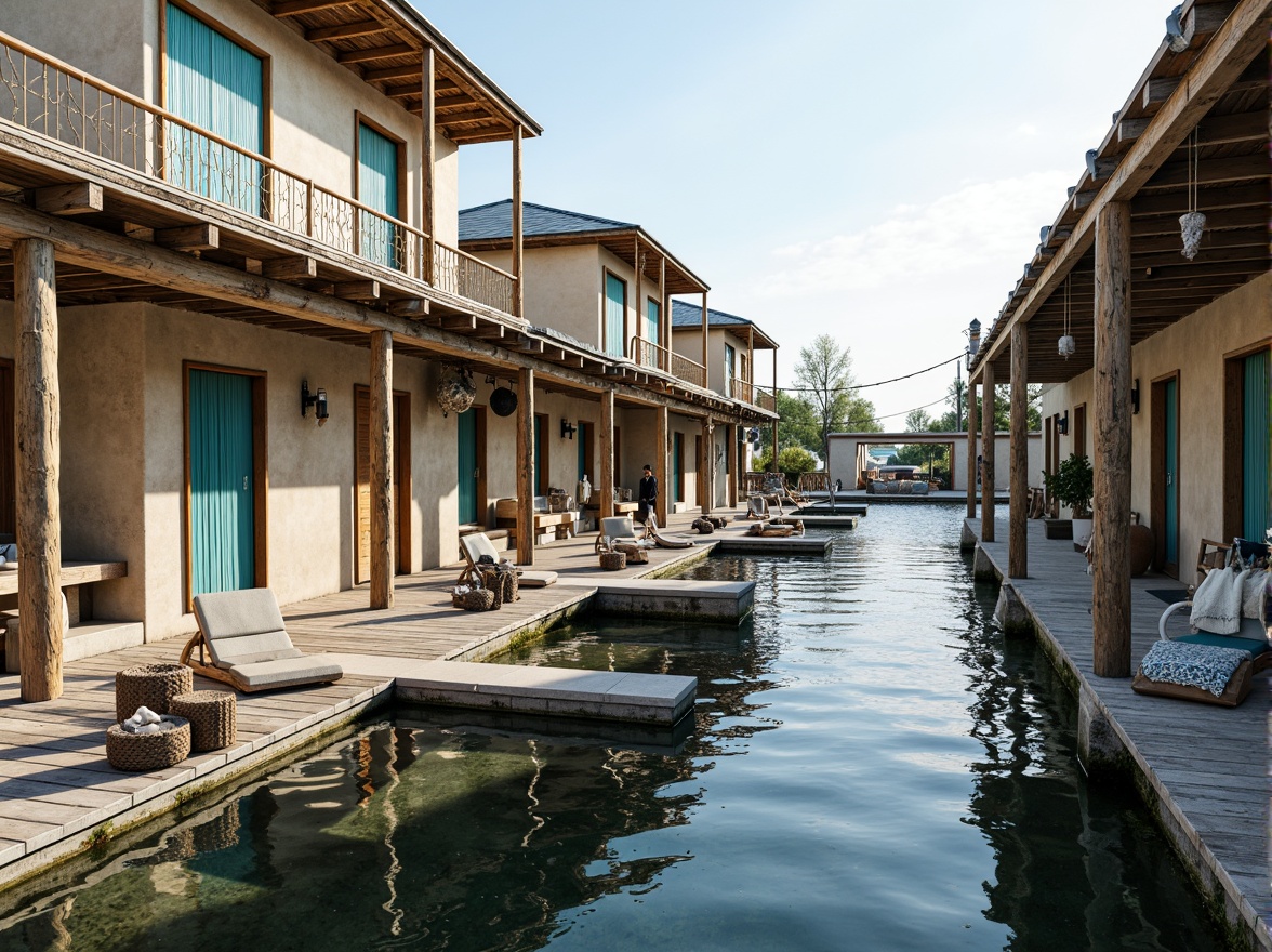 Prompt: Weathered wooden docks, rustic nautical ropes, driftwood accents, ocean-inspired color palette, sandy beige walls, sea-salt weathered roofs, glassy lake reflections, serene coastal atmosphere, warm sunny day, soft natural lighting, 3/4 composition, shallow depth of field, realistic textures, ambient occlusion, reclaimed wood flooring, distressed metal fixtures, nautical-themed decor, vintage fishing nets, ocean-blue shutters, seashell wind chimes, beachy textiles, coral-inspired patterns.