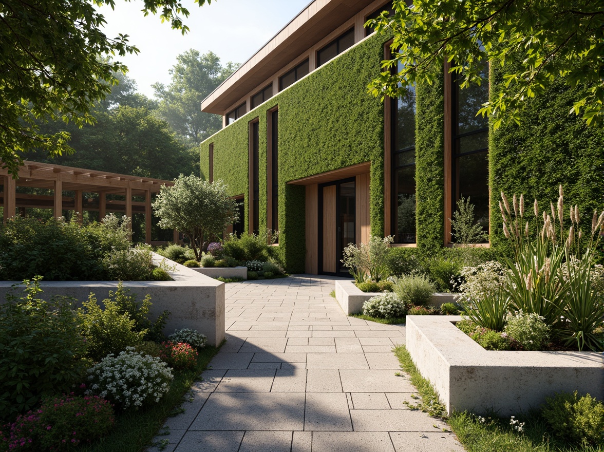 Prompt: Lush green walls, natural stone planters, verdant foliage, tropical plants, blooming flowers, hanging vines, wooden trellises, modern minimalist architecture, large windows, glass doors, abundant natural light, warm soft lighting, shallow depth of field, 3/4 composition, panoramic view, realistic textures, ambient occlusion.