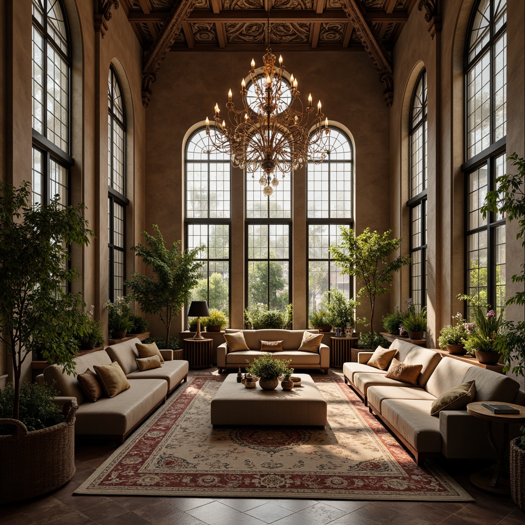 Prompt: Grandiose sunroom, high ceilings, ornate stone carvings, stained glass windows, intricate archways, lavish furnishings, rich textiles, warm ambient lighting, soft candlelight, dramatic chandeliers, ornate metalwork, mysterious shadows, mystical atmosphere, warm beige tones, luxurious fabrics, elegant furniture, natural materials, earthy color palette, subtle spotlights, romantic ambiance, intimate setting, cozy nooks, tranquil retreat.