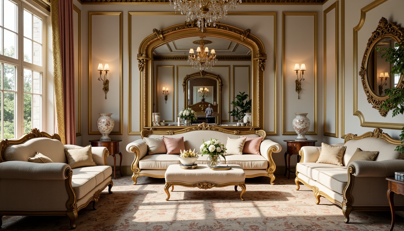 Prompt: Ornate furnishings, gilded frames, velvet upholstery, intricately carved woods, delicate porcelain vases, ornamental mirrors, curved lines, luxurious fabrics, soft pastel colors, subtle sheen, crystal chandeliers, refined metalwork, cabriole legs, tufted ottomans, scalloped edges, whimsical patterns, French Renaissance inspiration, opulent textiles, elegant proportions, stately ambiance, warm golden lighting, shallow depth of field, 2/3 composition.