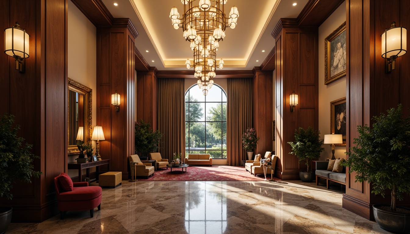 Prompt: Elegant entrance hall, high ceilings, grand chandelier, polished marble flooring, luxurious carpeting, rich wood tones, sophisticated furniture, ornate mirrors, classic interior design, warm ambient lighting, soft shadows, shallow depth of field, 1/1 composition, realistic textures, subtle reflections.