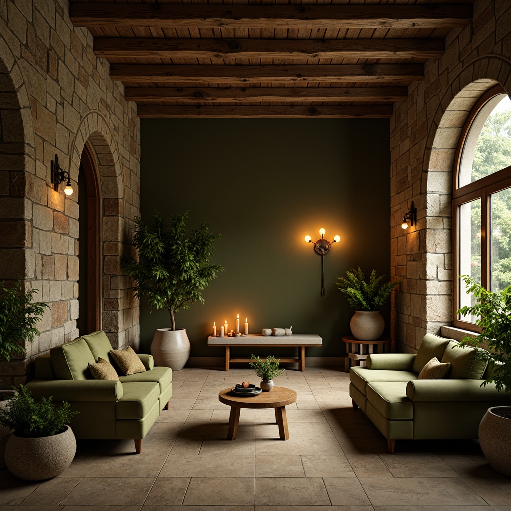 Prompt: Earthy olive tones, muted greenery, natural stone walls, rustic wooden accents, cozy candlelit ambiance, warm beige flooring, plush velvet furnishings, vintage metal decor, soft golden lighting, shallow depth of field, 1/2 composition, intimate atmospheric perspective, realistic textures, ambient occlusion.