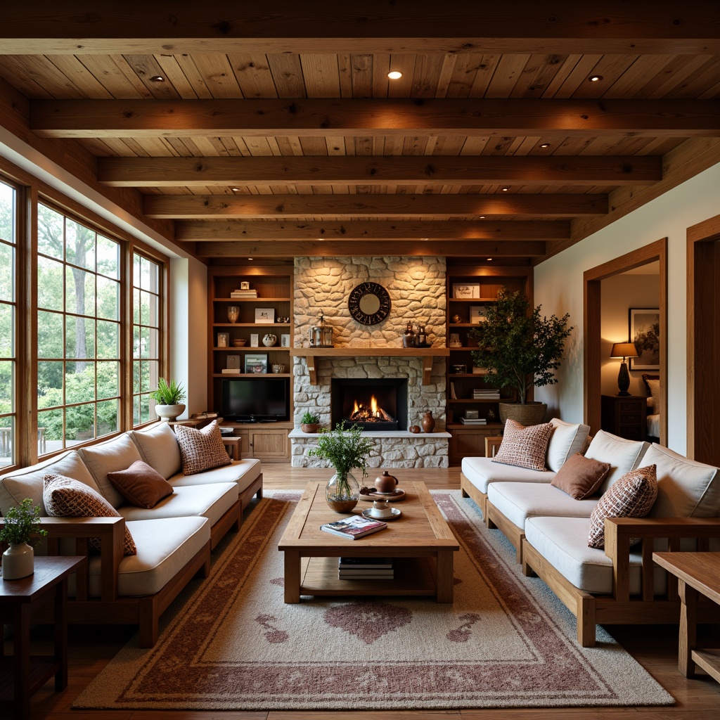 Prompt: Cozy living room, exposed wooden beams, natural wood tones, earthy color palette, rustic charm, Craftsman style interior, warm ambient lighting, plush area rugs, comfortable sofas, wooden coffee tables, decorative trinkets, vintage artifacts, stone fireplace, built-in shelving, rich textures, soft focus, 1/2 composition, shallow depth of field, realistic wood grain.