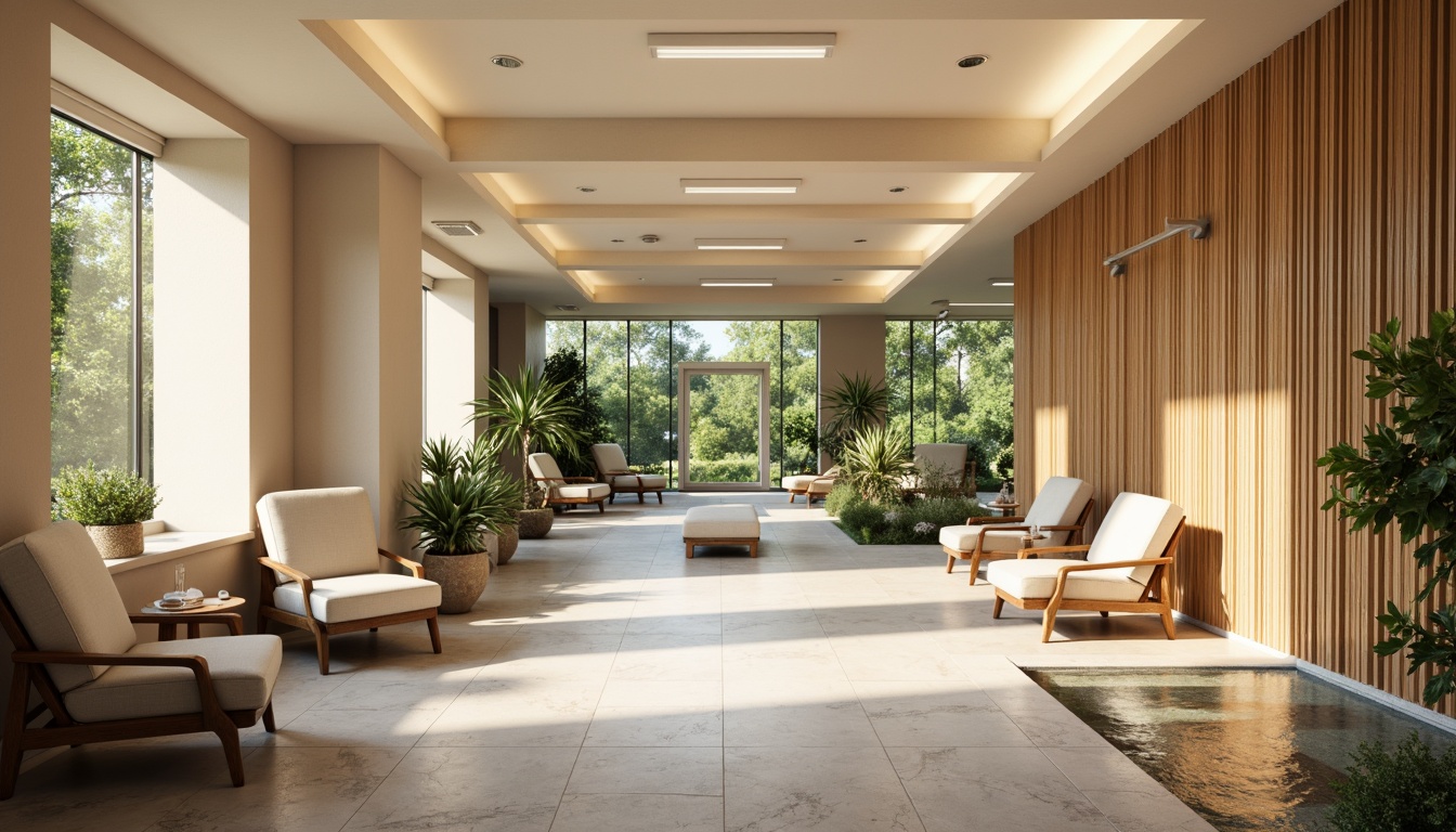 Prompt: Rehabilitation center interior, warm beige walls, calming wood accents, soft cushioned furniture, gentle pastel colors, natural stone flooring, serene water features, lush greenery, gentle diffused lighting, shallow depth of field, 3/4 composition, realistic textures, ambient occlusion.