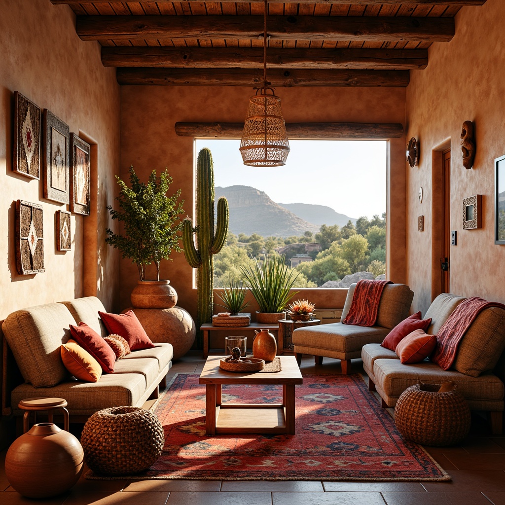 Prompt: Vibrant Southwestern-style interior, warm earthy tones, rich textiles, woven baskets, colorful Navajo-inspired patterns, geometric shapes, bold stripes, natural fabrics, plush throw pillows, rustic wooden furniture, distressed leather accents, terracotta pottery, arid landscape views, cactus plants, desert flowers, soft warm lighting, shallow depth of field, 3/4 composition, realistic textures, ambient occlusion.