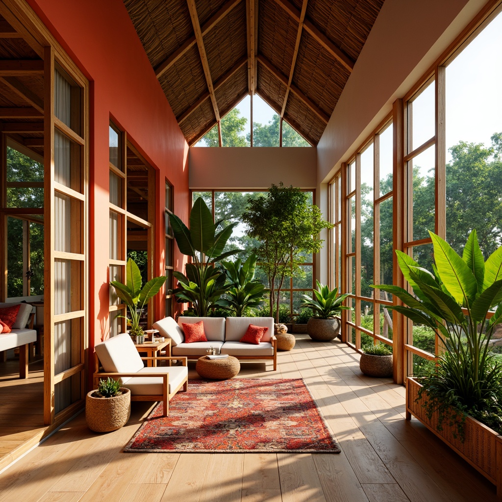 Prompt: Vibrant tropical interior, warm natural light, large windows, sliding glass doors, bamboo flooring, rattan furniture, exotic plants, colorful textiles, woven baskets, wooden accents, earthy tones, bright coral walls, open-plan living space, minimalist decor, airy atmosphere, soft warm lighting, shallow depth of field, 3/4 composition, panoramic view, realistic textures, ambient occlusion.