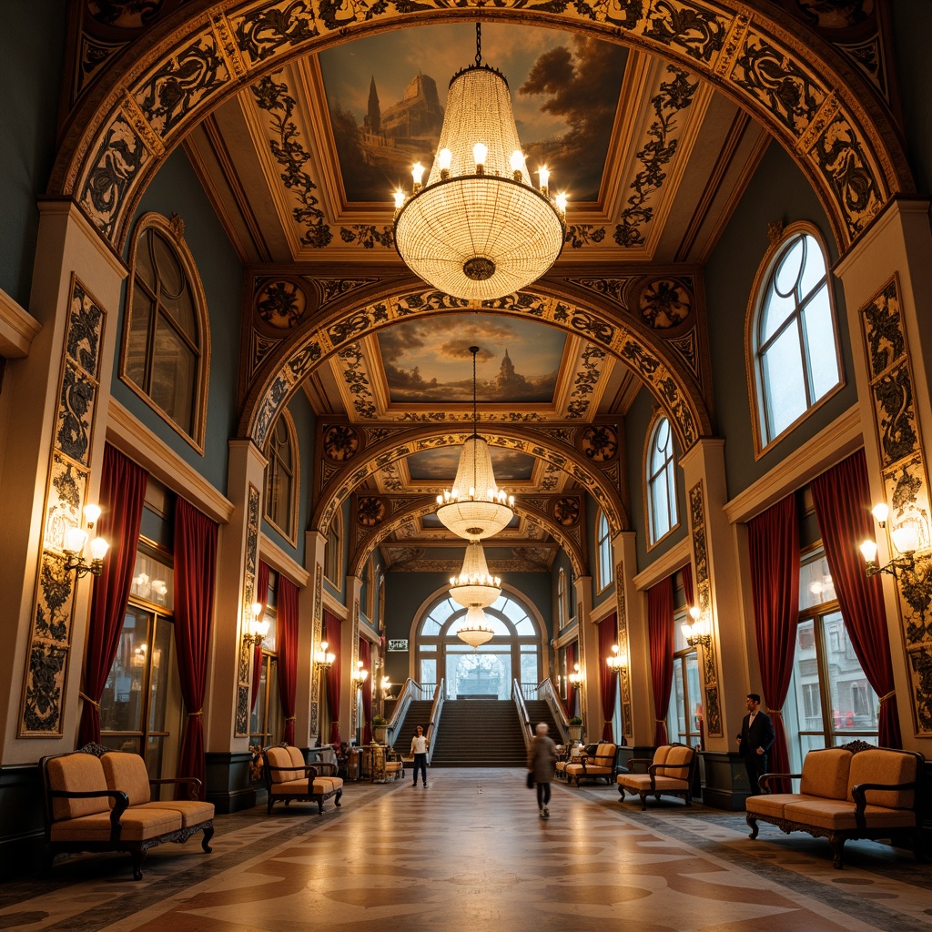 Prompt: Opulent metro station, grandiose chandeliers, intricate gold filigree, ornate mirrors, lavish furnishings, velvet drapes, ornamental cornices, decorative archways, Baroque-inspired patterns, curved lines, soft warm lighting, shallow depth of field, 1/1 composition, symmetrical framing, realistic textures, ambient occlusion, marble floors, gilded accents, frescoed ceilings, sweeping staircases, elegant benches, vintage streetlamps.