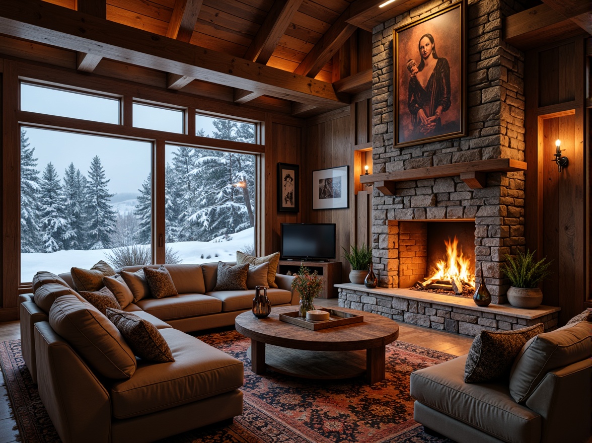 Prompt: Warm great room, grand stone fireplace, crackling fire, plush furnishings, soft cushions, rich wood accents, rustic beams, vaulted ceiling, large windows, snow-covered trees, winter evening, cozy ambiance, warm golden lighting, shallow depth of field, 2/3 composition, inviting textures, atmospheric smoke effects.