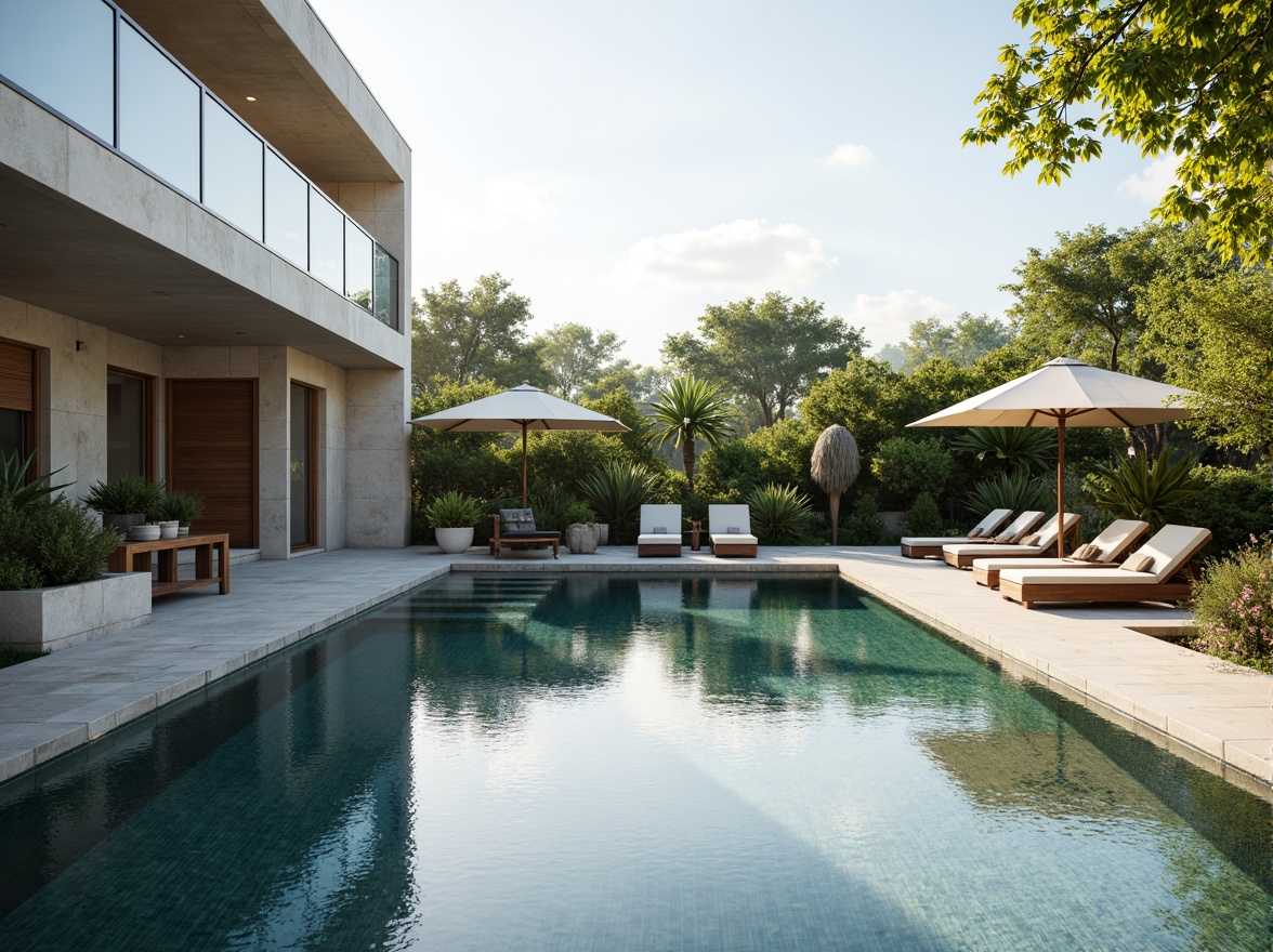 Prompt: Serene minimalist swimming pool, natural stone decking, sleek glass fencing, crystal-clear water, gentle ripples, warm sunlight, soft shadows, subtle reflections, modern lounge chairs, minimalist umbrellas, lush greenery, tropical plants, simple wooden accents, concrete walls, geometric lines, shallow depth of field, 1/1 composition, warm color palette, natural textures, ambient occlusion.