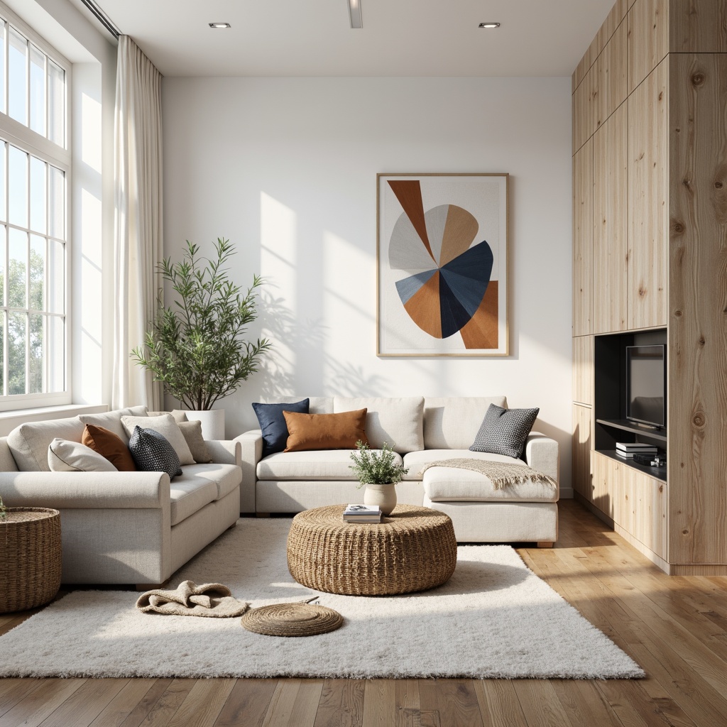 Prompt: Light-filled Nordic living room, minimalistic decor, natural wood accents, creamy whites, soft grays, calming blues, earthy browns, warm beiges, cozy textiles, plush throw blankets, geometric patterns, modern furniture, sleek lines, functional simplicity, airy atmosphere, abundant daylight, subtle shadows, 1/1 composition, realistic materials, ambient occlusion.