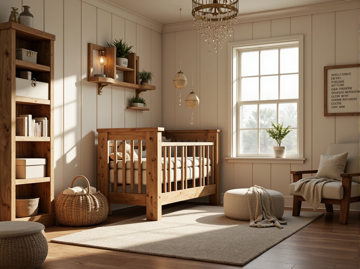 Prompt: Rustic wooden crib, vintage metal lanterns, soft warm lighting, cream-colored walls, distressed wood accents, natural linen fabrics, plush area rugs, earthy tones, reclaimed barn wood shelves, antique bronze fixtures, creamy white chandeliers, pendant lights with burlap shades, mason jars with fairy lights, woven wicker baskets, natural fiber textiles, whimsical nursery rhyme prints, cozy reading nook, 3/4 composition, shallow depth of field, warm golden lighting.