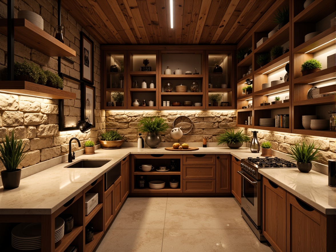 Prompt: Cozy pantry, warm wood tones, soft ambient lighting, under-cabinet LED strips, pendant lamps, matte black finishes, polished chrome accents, rustic stone walls, natural textures, earthy color palette, abundant storage space, open shelving, decorative jars, vintage appliances, farmhouse-style cabinetry, warm beige countertops, subtle shadows, 1/2 composition, soft focus blur, realistic reflections.