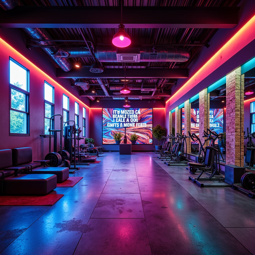 Prompt: Vibrant fitness studio, bold color scheme, energetic atmosphere, neon lights, dynamic patterns, motivational quotes, modern equipment, sleek machines, mirrored walls, rubber flooring, urban loft architecture, industrial chic decor, metal accents, reclaimed wood features, natural stone details, bright overhead lighting, shallow depth of field, 3/4 composition, panoramic view, realistic textures, ambient occlusion.