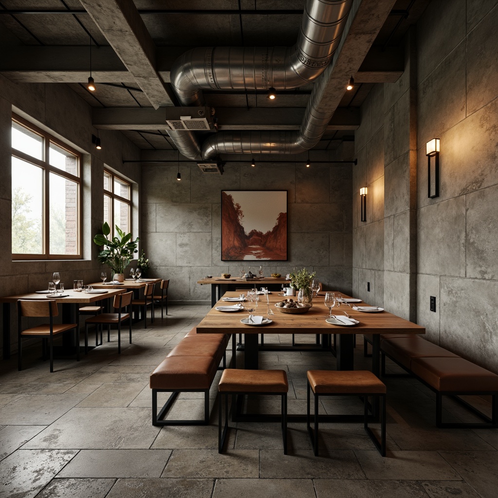 Prompt: Brutalist dining room, raw concrete walls, rugged stone floors, industrial metal beams, exposed ductwork, minimalist decor, brutalist furniture, chunky wooden tables, bulky leather chairs, steel frame benches, reclaimed wood accents, moody lighting, dramatic shadows, atmospheric ambiance, cinematic composition, low-angle shot, warm color palette, tactile textures, organic forms, handcrafted details.