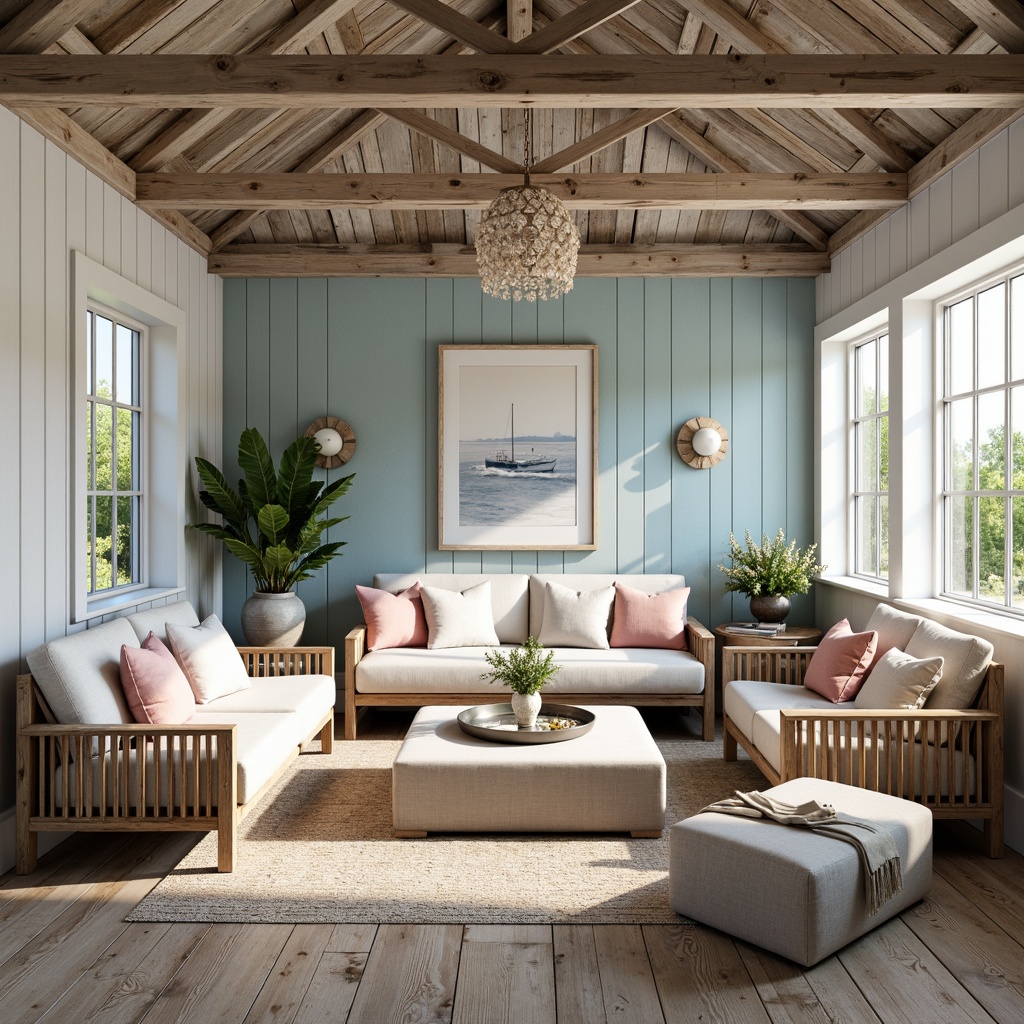 Prompt: Weathered wooden farmhouse, rustic coastal vibe, soft blue-grey hues, sandy beige tones, creamy whites, distressed wood accents, vintage nautical elements, ocean-inspired blues, sea-salt sprays, coral pinks, natural linen textures, woven rattan furniture, reclaimed wood floors, shiplap walls, coastal botanicals, beachy greens, warm sunny lighting, soft focus, 1/2 composition, rustic country charm.