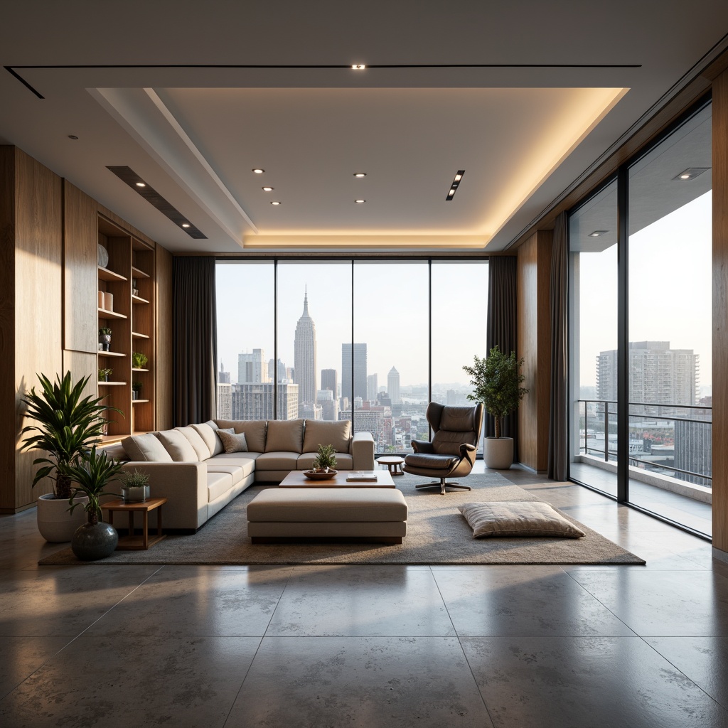 Prompt: Streamlined modern living room, polished concrete flooring, reflective metallic accents, sleek minimalist furniture, low-profile baseboards, floor-to-ceiling windows, natural light pouring in, urban cityscape views, soft warm lighting, 1/1 composition, shallow depth of field, realistic reflections, ambient occlusion, luxurious textiles, subtle geometric patterns.