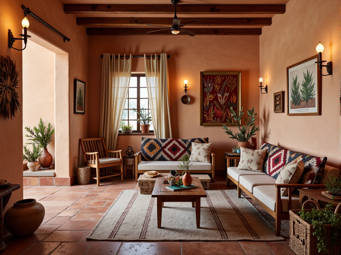 Prompt: Vibrant southwestern-inspired interior, rustic adobe walls, earthy terracotta floors, woven Navajo-patterned textiles, colorful geometric blankets, plush pillows with Aztec designs, natural fiber rugs, distressed wood accents, vintage turquoise jewelry displays, warm candle lighting, soft beige drapes, desert botanical prints, ceramic pottery vases, woven baskets, organic shapes, earth-toned color palette, cozy reading nooks, 1/1 composition, shallow depth of field, realistic textures.