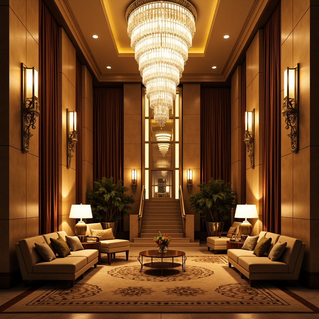 Prompt: Luxurious Art Deco hotel lobby, grand crystal chandelier, warm golden lighting, ornate metal sconces, lavish furnishings, velvet drapes, rich wood paneling, geometric patterned carpets, sleek chrome accents, opulent ceiling details, warm beige walls, soft diffused light, subtle shadows, 1/2 composition, symmetrical framing, dramatic high contrast, realistic metallic reflections.