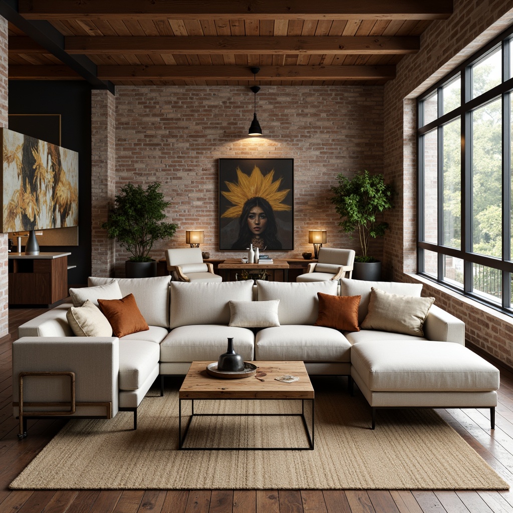 Prompt: Cozy living room, plush sectional sofa, soft velvety cushions, reclaimed wood coffee table, industrial metal legs, rustic brick wall, modern minimalist decor, large floor-to-ceiling windows, natural daylight, warm beige rug, comfortable reading nook, ergonomic armchairs, ambient floor lamps, 3/4 composition, shallow depth of field, realistic textures.