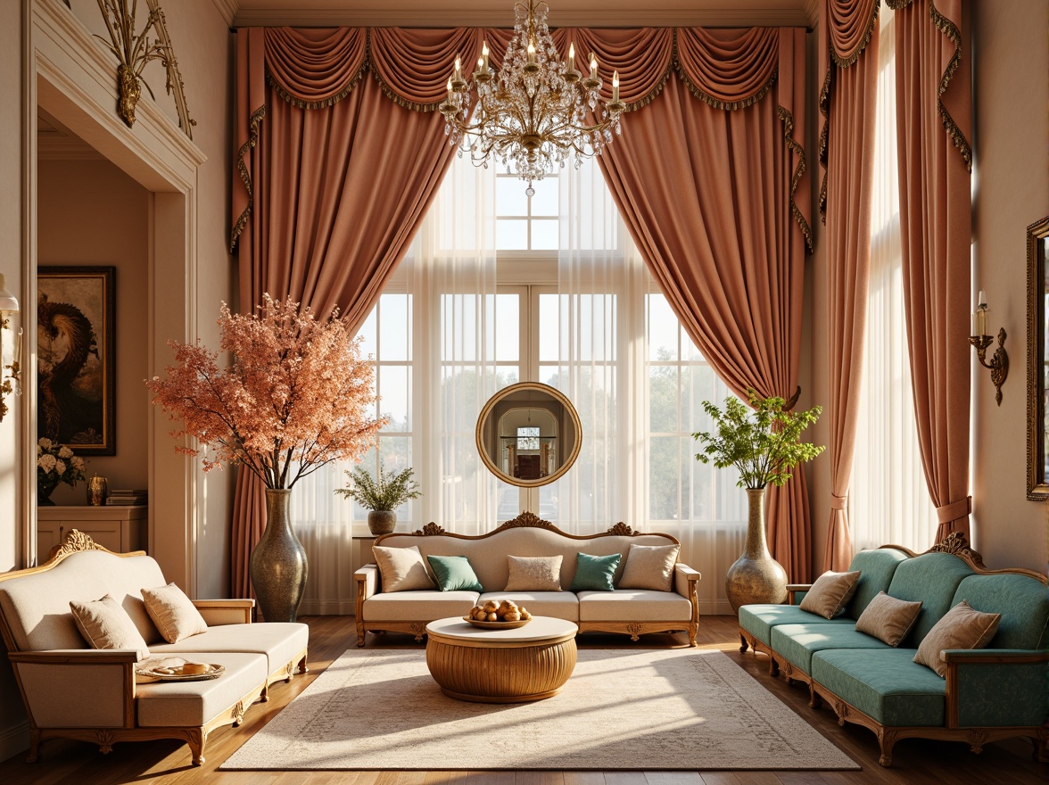 Prompt: Luxurious velvet fabrics, ornate gold accents, soft peach tones, rich turquoise hues, creamy whites, intricate floral patterns, delicate lace textures, ornamental mirrors, lavish crystal chandeliers, opulent furniture upholstery, grandiose architectural details, sweeping curves, whimsical shell motifs, dramatic lighting effects, warm golden glow, shallow depth of field, 1/1 composition, realistic reflections, ambient occlusion.