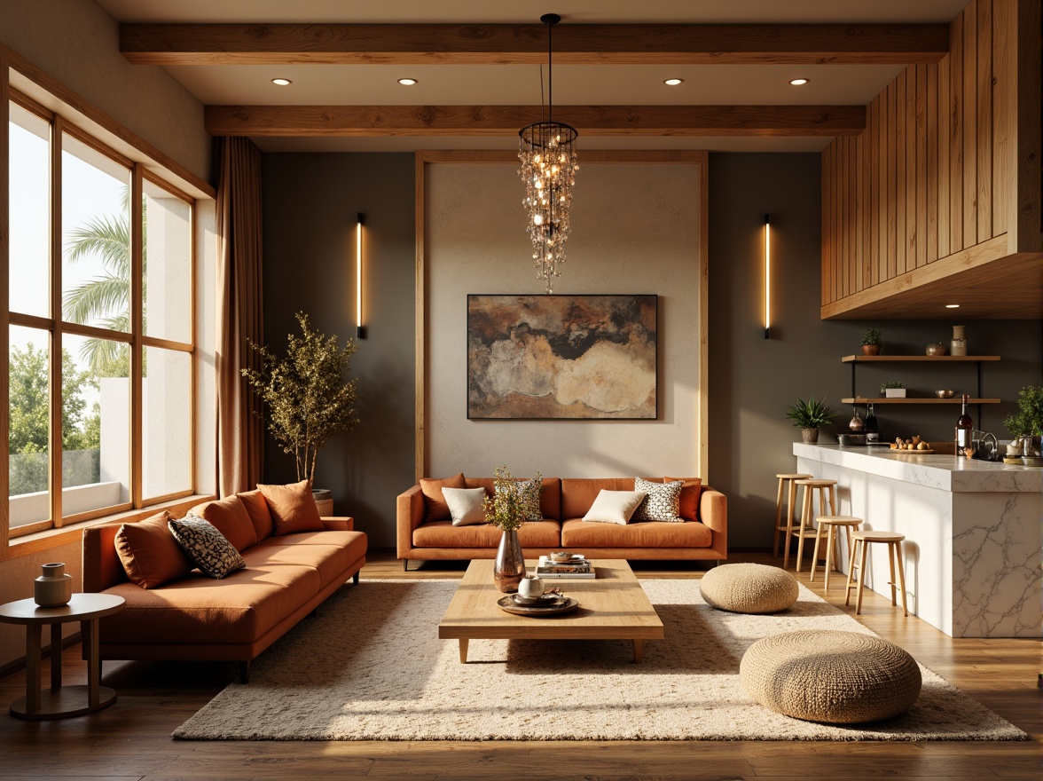 Prompt: Cozy living room, warm beige walls, rich walnut wood furniture, plush velvet sofas, soft golden lighting, creamy white marble countertops, earthy terracotta flooring, natural woven textiles, rustic wooden accents, elegant crystal chandeliers, subtle gradient effects, atmospheric misting, 1/2 composition, shallow depth of field, realistic material renderings.