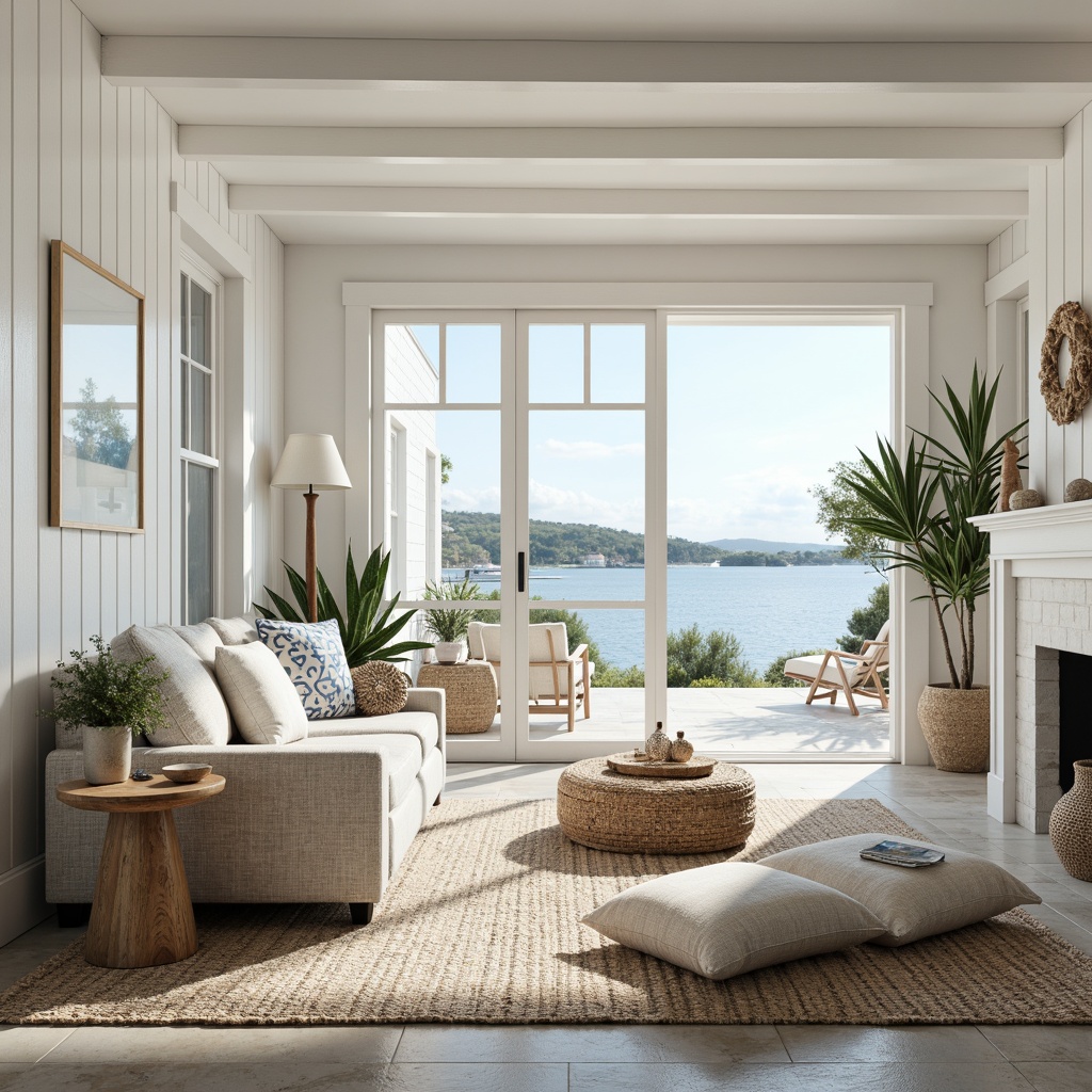 Prompt: Coastal cottage, soft white walls, large windows, sliding glass doors, natural stone floors, woven sea grass rugs, driftwood furniture, ocean-inspired color palette, calming blue hues, crisp white accents, coral patterns, shell decorations, beachy textiles, sunny day, bright warm lighting, shallow depth of field, 1/1 composition, panoramic view, realistic reflections, ambient occlusion.