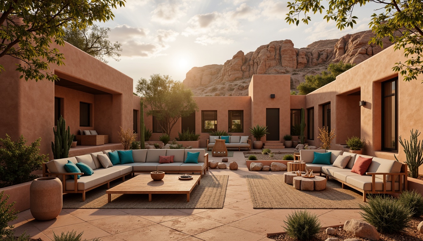 Prompt: Earthy adobe dwellings, warm terracotta walls, vibrant turquoise accents, rustic wooden furniture, woven textiles, natural fiber rugs, sandy beige floors, desert botanicals, cacti silhouettes, sunset hues, golden hour lighting, soft warm shadows, ambient occlusion, 3/4 composition, panoramic view, realistic textures.